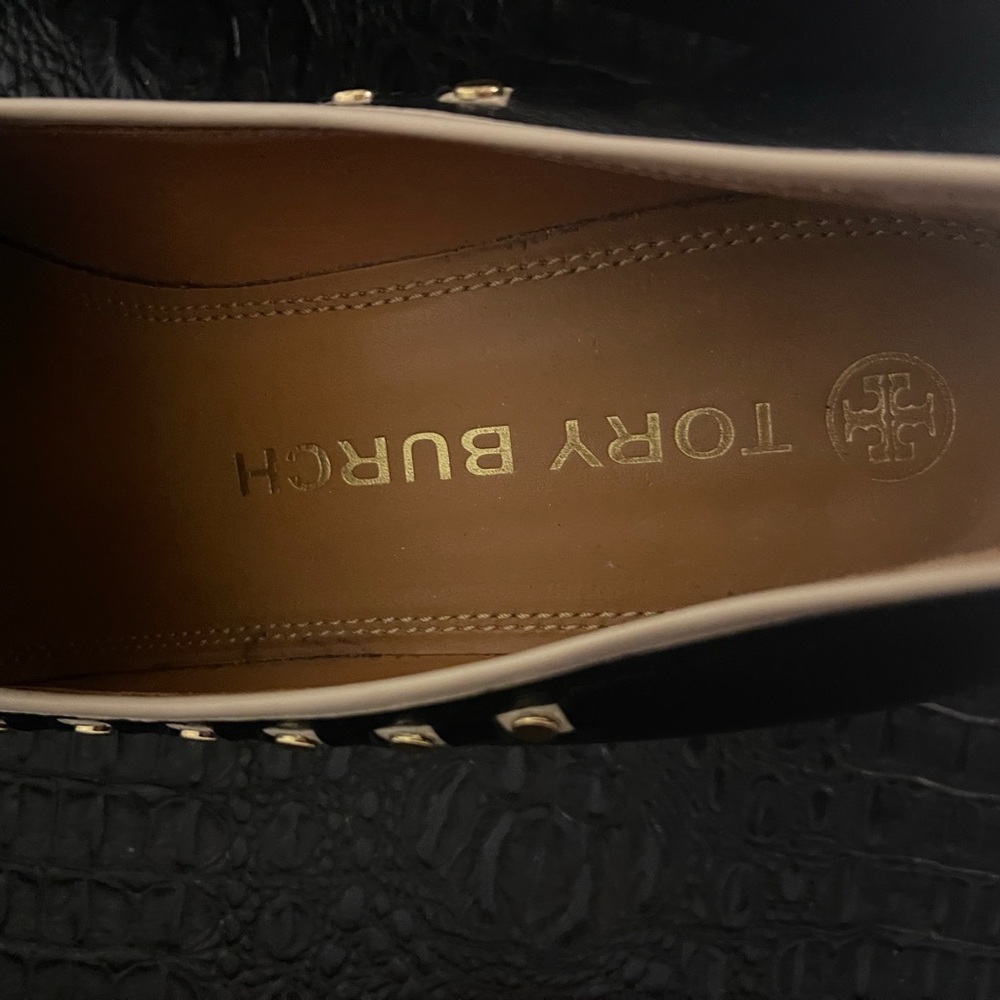 Tory Burch Black, Cream & Gold Studded Loafersl - Picture 8 of 9